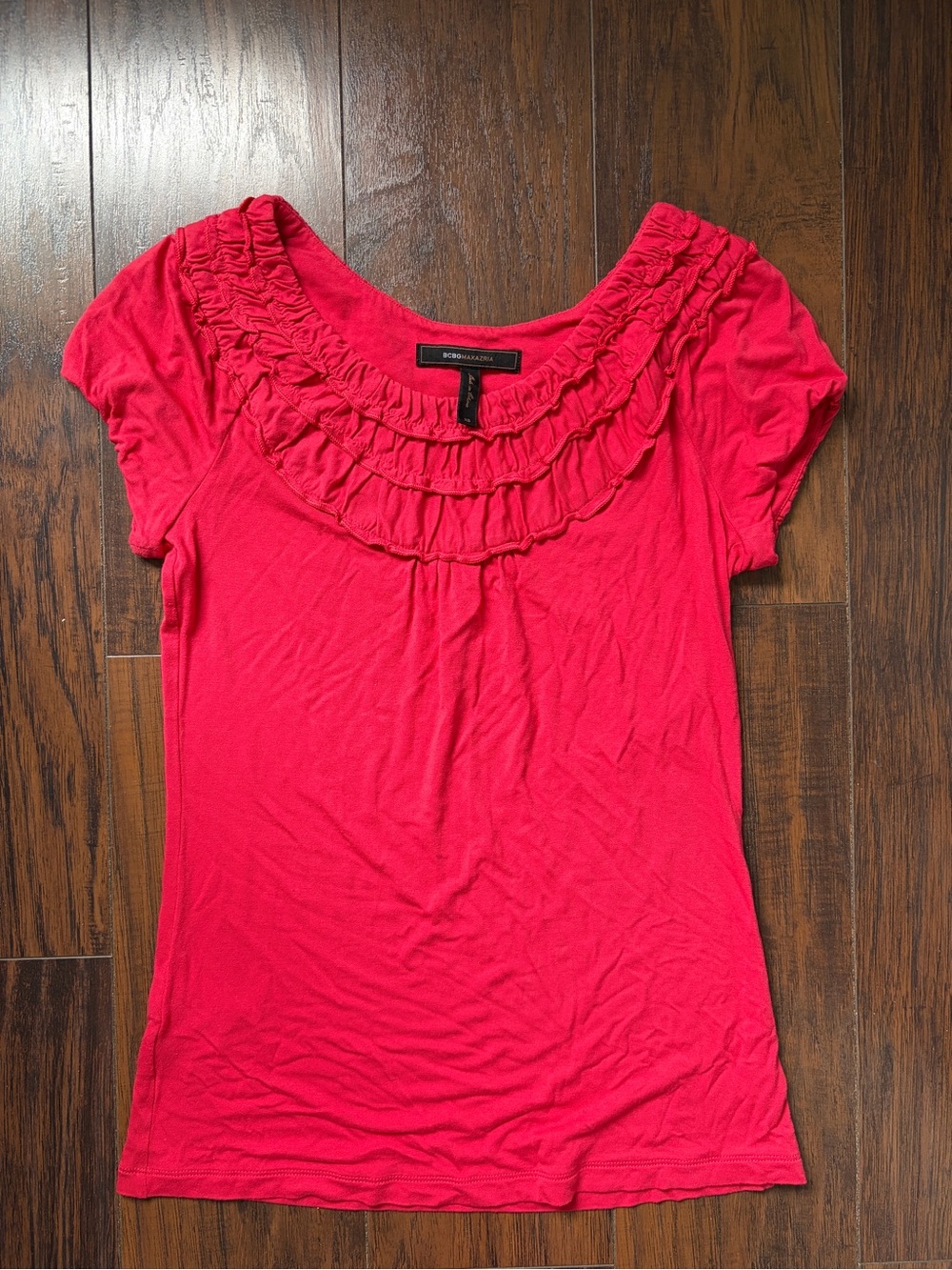 BCBGMaxAzria Ruffled Scoop Neck Tee - Hot Pink